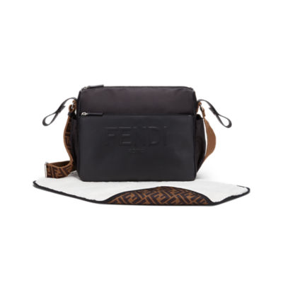 Swipe) @FENDI Diaper Bag. Black Nylon W. A Front Logo Leather