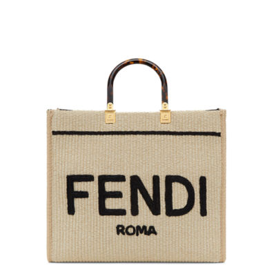 Fendi Sunshine Medium - Black and natural straw shopper | Fendi