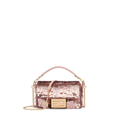 Fendi Sequin and Leather Baguette Mini Pink in Polyester with Gold