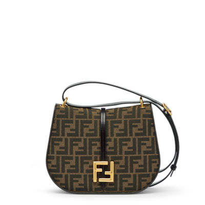 FENDI: leather and fabric pouch with jacquard FF monogram - Brown