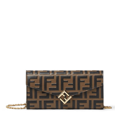 Fendi Brown Continental Ff Leather Chain Wallet