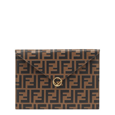 Fendi Logo Nappa Leather Large Pouch in Brown