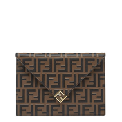 Fendi Womens Pouch Black Leather Brown FF Logo Clutch Mens Travel