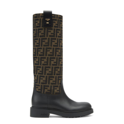 Fendi Filo - Black leather and brown FF fabric boots | Fendi