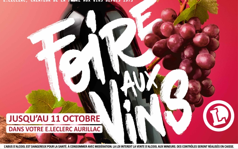 La FOIRE AUX VINS est de retour dans votre E.Leclerc Aurillac. Rendez-vous du lundi 22 septembre au samedi 11 octobre pour bénéficier d'offre sur une large sélection de vins. 