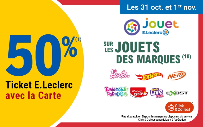 JS GSA - Textes Alternatifs - 2025 100% D21:I21  Les vendredi 31 octobre et samedi 1er novembre profitez 50% de tickets E.Leclerc avec la carte sur les jouets des marques Barbie de Mattel, Hotwheels, Nerf, Tamagotchi, Maped Créativ, Little Live Pets et Exost. Offre valable sur les produits BARBIE de MATTEL uniquement. Offre non valable sur les produits de la gamme «Brick Shop» de HOT WHEELS. *Carte E.Leclerc 100 % gratuite et disponible immédiatement. Offre en Tickets E.Leclerc non cumulable avec des produits de la même gamme bénéficiant d’un autre « Ticket E.Leclerc » ou d’une autre promotion. Bon d’achat réservé aux porteurs de la Carte E.Leclerc, sur présentation en caisse de la Carte E.Leclerc et valable dès le lendemain de son obtention, cumulable sur la Carte E.Leclerc et utilisable sur tous les produits de l’ensemble des centres E.Leclerc participant au programme de fidélité. Les offres bénéficiant d’un Ticket E.Leclerc sont limitées à 15 produits par foyer par opération. Offre réservée à une consommation personnelle. Le magasin se réserve le droit de refuser toute demande d’une quantité supérieure aux besoins habituels généralement constatés pour une consommation personnelle. Offre interdite à la revente.      	 Les vendredi 31 octobre et samedi 1er novembre profitez 50% de tickets E.Leclerc avec la carte sur les jouets des marques Barbie de Mattel, Hotwheels, Nerf, Tamagotchi, Maped Créativ, Little Live Pets et Exost. Offre valable sur les produits BARBIE de MATTEL uniquement. Offre non valable sur les produits de la gamme «Brick Shop» de HOT WHEELS. *Carte E.Leclerc 100 % gratuite et disponible immédiatement. Offre en Tickets E.Leclerc non cumulable avec des produits de la même gamme bénéficiant d’un autre « Ticket E.Leclerc » ou d’une autre promotion. Bon d’achat réservé aux porteurs de la Carte E.Leclerc, sur présentation en caisse de la Carte E.Leclerc et valable dès le lendemain de son obtention, cumulable sur la Carte E.Leclerc et utilisable sur tous les produits de l’ensemble des centres E.Leclerc participant au programme de fidélité. Les offres bénéficiant d’un Ticket E.Leclerc sont limitées à 15 produits par foyer par opération. Offre réservée à une consommation personnelle. Le magasin se réserve le droit de refuser toute demande d’une quantité supérieure aux besoins habituels généralement constatés pour une consommation personnelle. Offre interdite à la revente. Activer la prise en charge du lecteur d'écran Pour activer la prise en charge du lecteur d'écran, appuyez sur Ctrl+Alt+Z Pour connaître les raccourcis clavier, appuyez sur Ctrl+barre obliqueClémentine LEHOUX a rejoint le document.