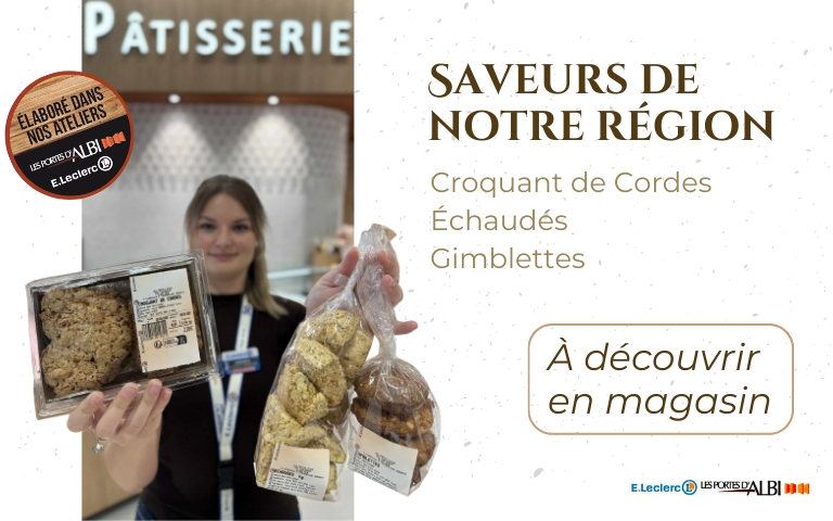 Dégustez les saveurs de notre belle région. Croquant de Cordes, Echaudés et Gimblettes élaborés dans nos ateliers. Disponible en magasin. 