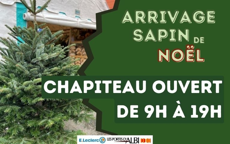 chapiteau sur le parking avec sapin de Nöel ouvert de 9h à 19h