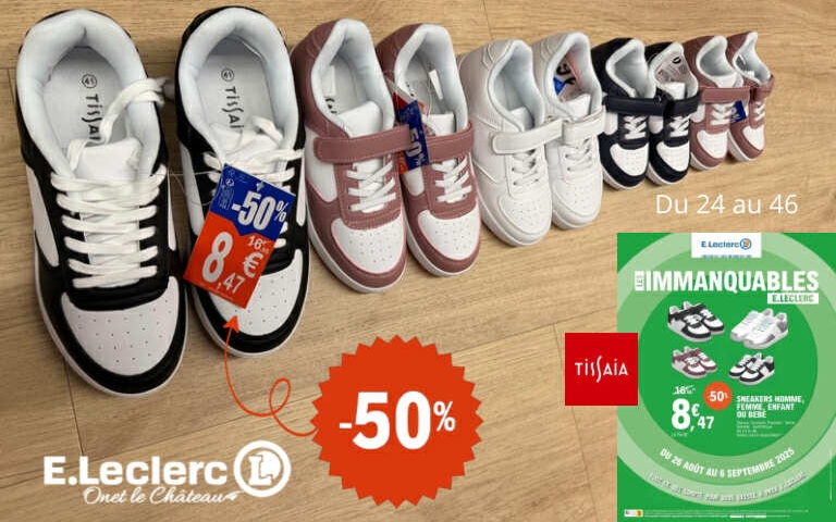 𝗟𝗲𝘀 𝗜𝗠𝗠𝗔𝗡𝗤𝗨𝗔𝗕𝗟𝗘𝗦 - 𝗦𝗻𝗲𝗮𝗸𝗲𝗿𝘀 𝙏𝙞𝙨𝙨𝙖𝙞̈𝙖   Du 26 août au 6 septembre, profitez de nos sneakers homme, femme, enfant ou bébé à petit prix. - 50 % de remise immédiate soit 8,47€ au lieu de 16,95 € - du 24 au 46 (dans la limite des stocks disponibles) La rentrée commence du bon pied !