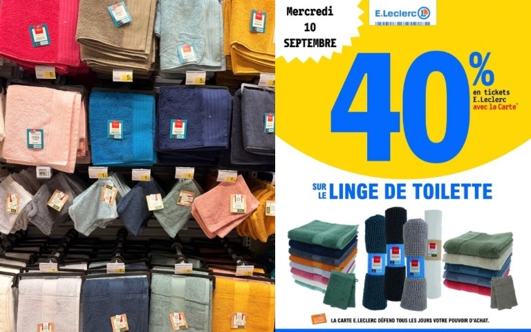 Ce mercredi 10 septembre, bénéficiez de 40% en ticket E.Leclerc sur le linge de toilette.