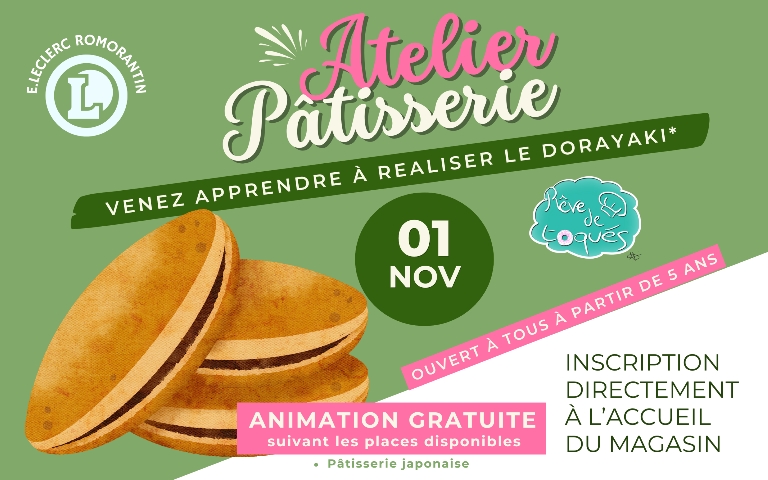 Atelier pâtisserie le 1er novembre 2025. Inscription à l'accueil du magasin 