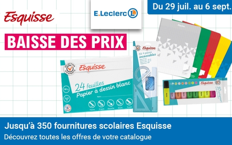 Du 29 juillet au 6 septembre, baisse des prix sur jusqu'a 350 fournitures scolaires de la marque Esquisse. Découvrez toutes les offres de votre catalogue