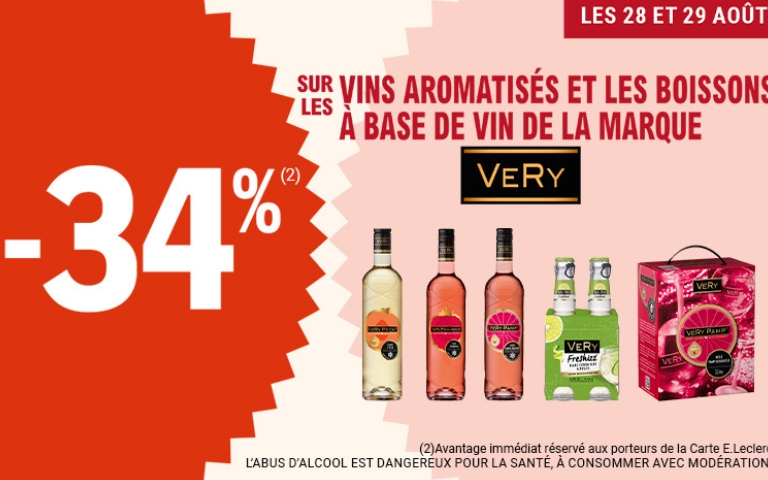 Les 28 et 29 août, -34% sur les vins aromatisés et les boissons à base de vin de la marque VERY. (2) Avantage immédiat réservé aux porteurs de la carte E. Leclerc. L'abus d'alcool est dangereux pour la santé, à consommer avec modération. Voir conditions en magasin.