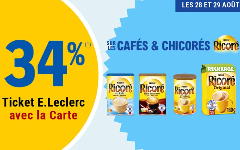 Les 28 et 29 août, 34% en ticket E. Leclerc avec la carte sur les cafés et chicorés de la marque Ricoré. (1). Voir conditions en magasin.