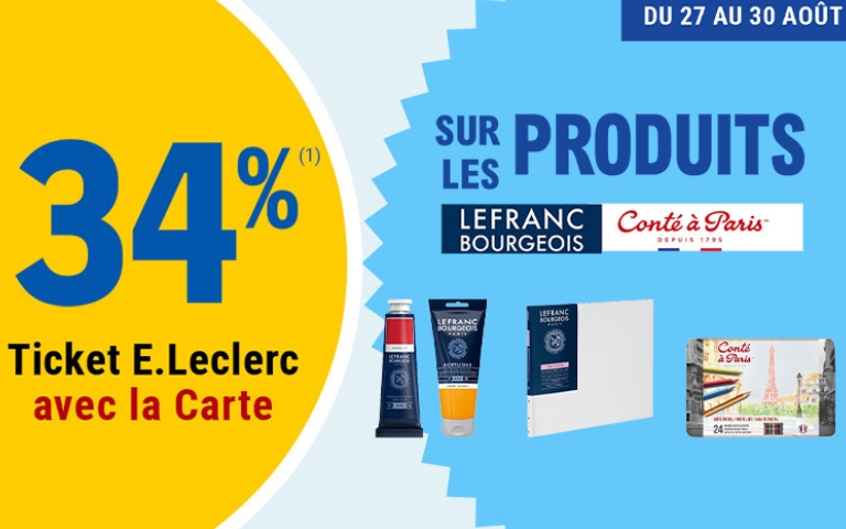 Du 27 au 30 août, 34% en ticket E. Leclerc avec la carte sur les produits Lefranc Bougeois et Conté à Paris. (1). Voir conditions en magasin.