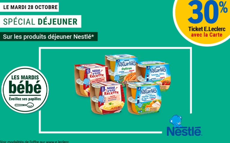 Le mardi 28 octobre, profitez de 30% en ticket E. Leclerc avec la carte sur les produits déjeuner de la marque Nestlé. Voir conditions dans votre supermarché E. Leclerc Cahors-Pradines.
