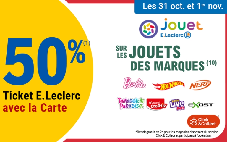 Les 31 octobre et 1er novembre, -50% sur les jouets des marques Barbie, Hot Wheels, Nerf, Tamagotchi Paradise, Maped Creativ, Little live pets et Exost. Valable uniquement en magasin avec la Carte E.Leclerc. *Voir conditions en magasins.