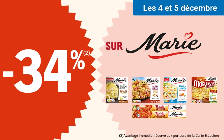 Du jeudi 4 au vendredi 5 décembre, profitez de 34 % d'avantage immédiat avec la Carte* sur les produits de la marque Marie. Mentions Légales : *Carte 100% gratuite et disponible immédiatement. Offre non cumulable avec des produits de la même gamme bénéficiant d’une autre promotion. *Voir conditions en magasins.