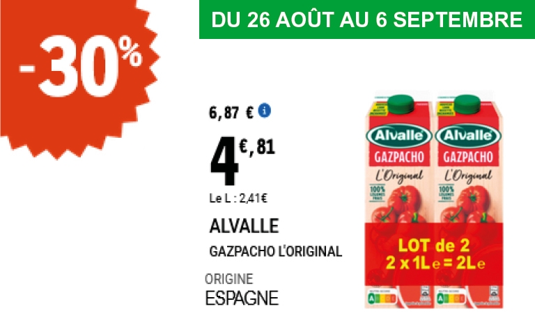 Du 26 août au 6 septembre, le gazpacho l’Original Alvalle (lot de 2 x 1L) d’origine Espagne bénéficie de -30 %, passant de 6,87 € à 4,81 €.