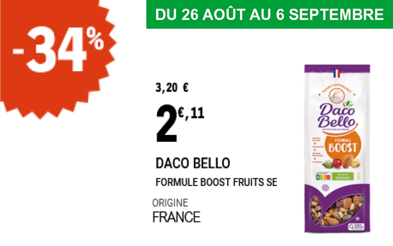 Du 26 août au 6 septembre, le sachet Daco Bello “Formule Boost Fruits Secs” (origine France) profite d’une remise de -34 %, passant de 3,20 € à 2,11 €.