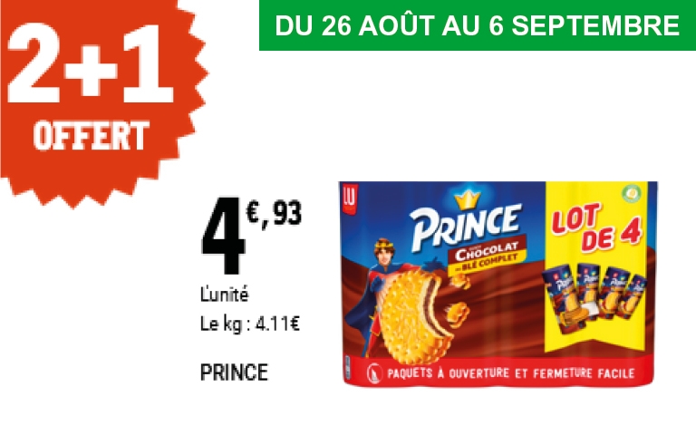 Du 26 août au 6 septembre, les biscuits Prince chocolat (lot de 4) sont également en offre 2+1 gratuit, au prix de 4,93 € l’unité.