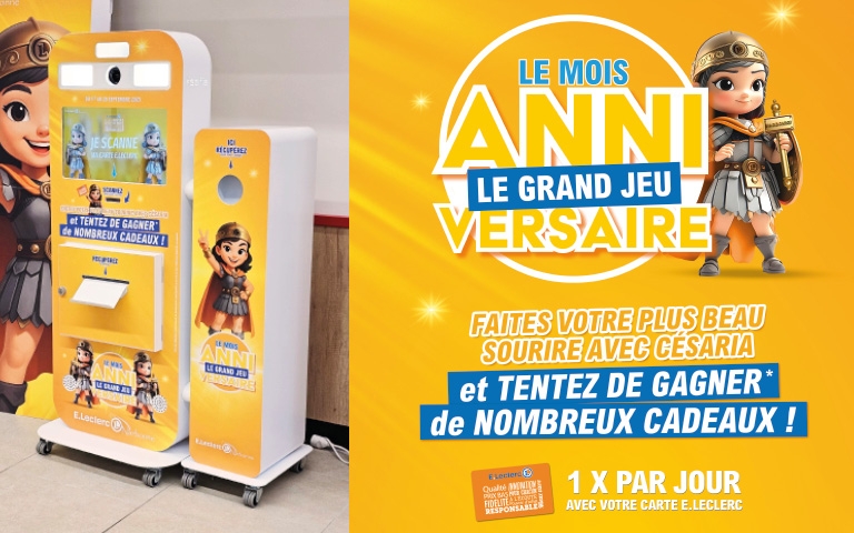 Venez célébrer notre anniversaire avec 𝗖𝗲́𝘀𝗮𝗿𝗶𝗮 ! Tout au long de l’événement, vous pouvez venir prendre une photo souvenir imprimée gratuitement Et avant la photo, tentez votre chance pour gagner un petit cadeau  1 passage par jour avec votre carte E.Leclerc.