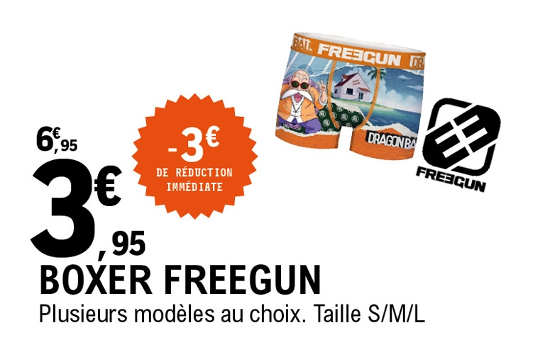 👕 Boxer Freegun Du 2 au 6 septembre 2025, bénéficiez d’une réduction immédiate de 3€ : le boxer Freegun revient à 3,95€ seulement (au lieu de 6,95€).
