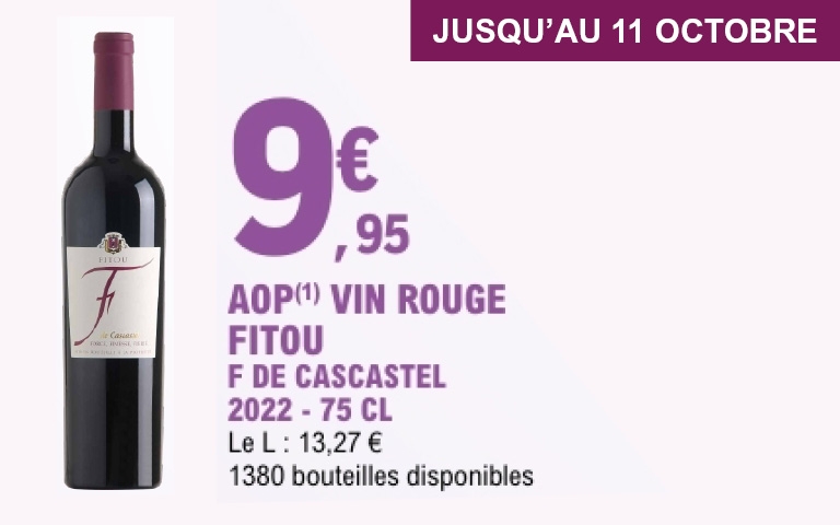 Cascastel – Fitou 2022 Disponible jusqu’au 11 octobre 2025, ce vin rouge AOP Fitou millésime 2022 est proposé à 9,95 € la bouteille de 75 cl, soit 13,27 € le litre. Avec seulement 1380 bouteilles disponibles, cette cuvée de Cascastel séduira les amateurs de vins du Languedoc.