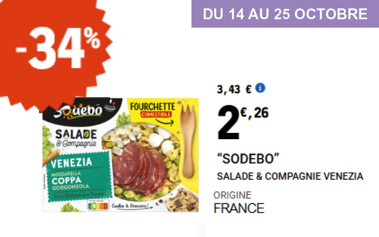Offre Sodebo – Du 14 au 25 octobre Envie d’une pause fraîche et gourmande ? Craquez pour la salade Sodebo Salade & Compagnie Venezia : mozzarella, coppa et gorgonzola, un trio irrésistible ! Profitez de -34 % de réduction, soit 2,26 € au lieu de 3,43 €. Une offre savoureuse et pratique pour vos repas sur le pouce 