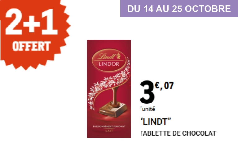 Offre Lindt – Du 14 au 25 octobre C’est le moment de craquer sans culpabiliser ! Pour deux tablettes de chocolat Lindt Lindor au lait achetées, la troisième est offerte. À 3,07 € l’unité, laissez-vous emporter par le fondant irrésistible du chocolat Lindt. Offrez-vous une pause douceur inoubliable.