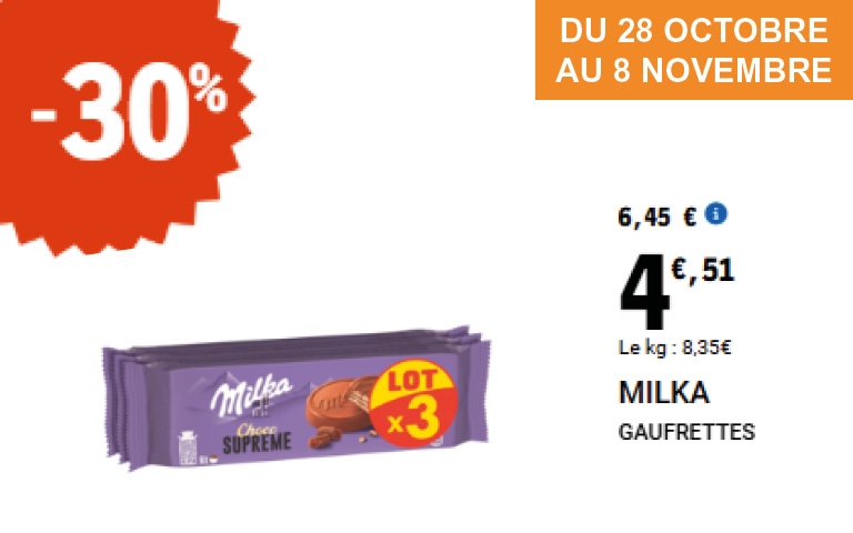 Du 28 octobre au 8 novembre, le lot de trois gaufrettes Milka est proposé avec une réduction de 30 %. Son prix passe de 6,45 euros à 4,51 euros, soit un prix au kilo de 8,35 euros.