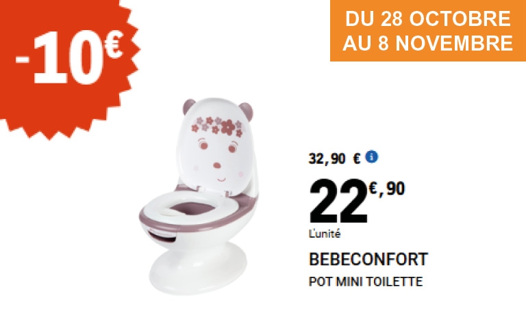 Du 28 octobre au 8 novembre, le pot mini toilette Bébé Confort bénéficie d’une réduction immédiate de 10 euros. Son prix passe ainsi de 32,90 euros à 22,90 euros.