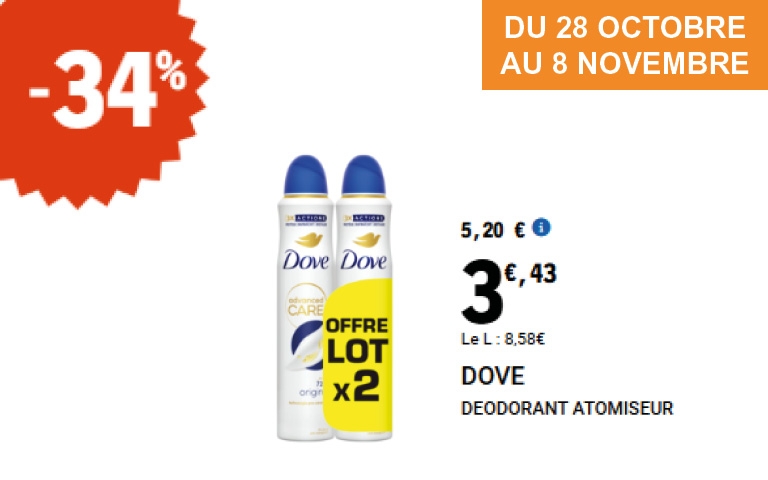 Du 28 octobre au 8 novembre, le lot de deux déodorants Dove en atomiseur est vendu à 3,43 euros au lieu de 5,20 euros, ce qui correspond à une remise de 34 % et à un prix au litre de 8,53 euros.