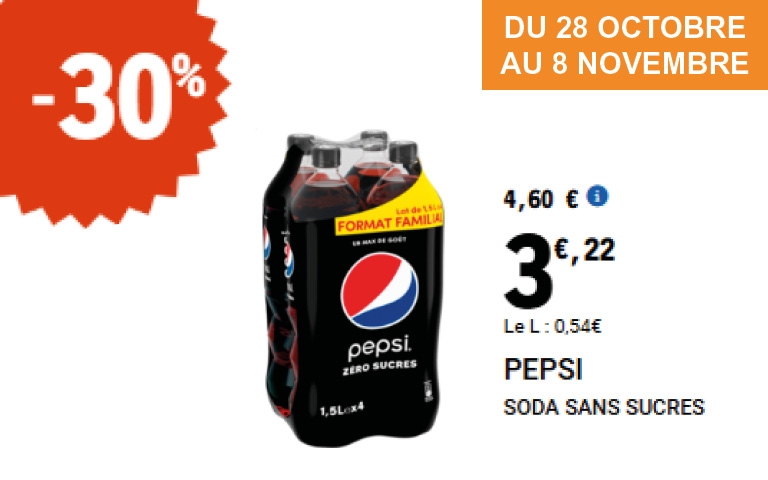  Du 28 octobre au 8 novembre, le pack familial de soda sans sucres Pepsi profite d’une réduction de 30 %. Son prix est réduit de 4,60 euros à 3,22 euros, avec un prix au litre de 0,54 euro.