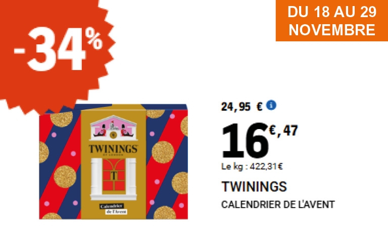 Twinings – Calendrier de l’Avent (18–29 novembre) Calendrier de l’Avent Twinings proposé avec une réduction de 34 %, passant de 24,95 € à 16,47 €.