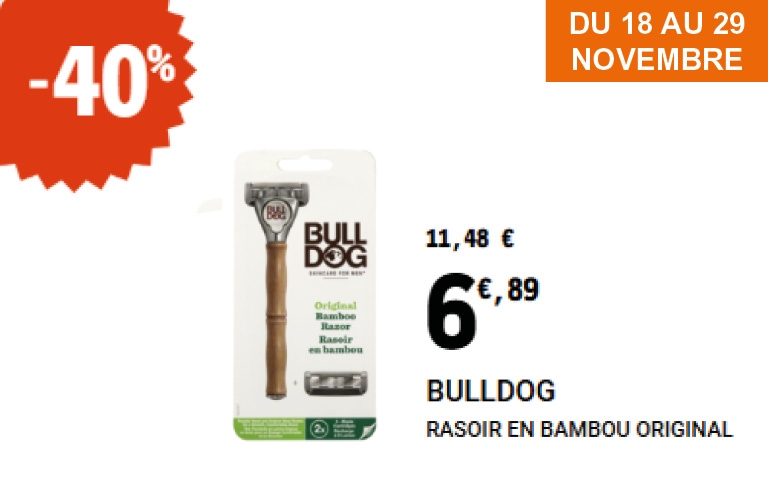 Bulldog – Rasoir (18–29 novembre) Rasoir Bulldog en réduction de 40 %, passant de 11,48 € à 6,89 €.