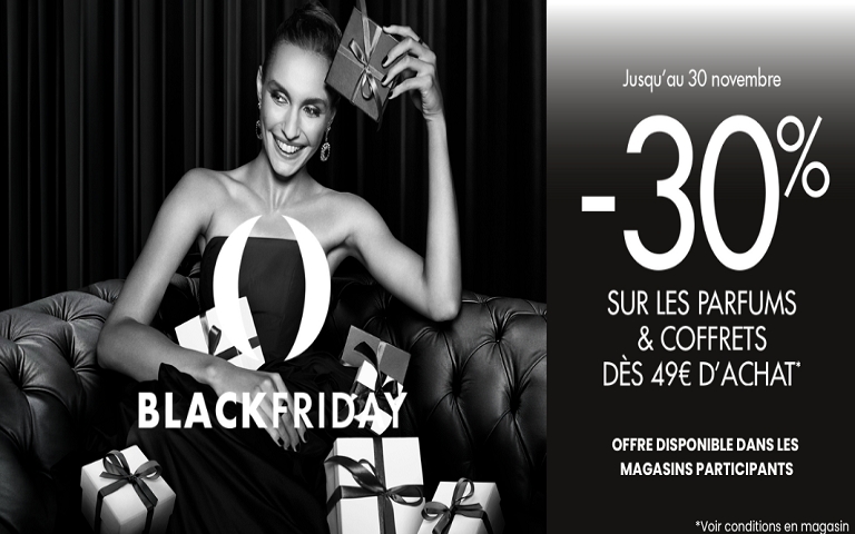 Jusqu'au 30 novembre, profitez des Black Friday Dans votre Institut-Parfumerie UNE HEURE POUR SOI de CAEN, avec 30% sur les parfums et coffrets dès 49€ d'achats