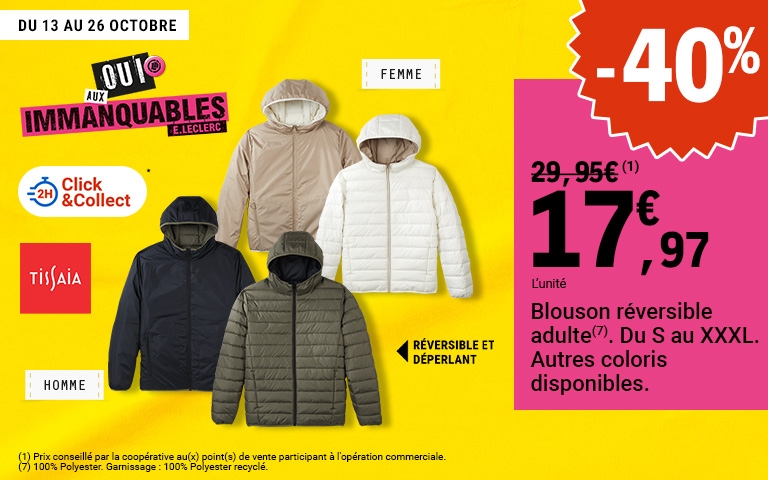 Du 13 au 26 octobre, profitez de 40% de réduction imméiate sur les blousons reversibles de la marque Tissaia 