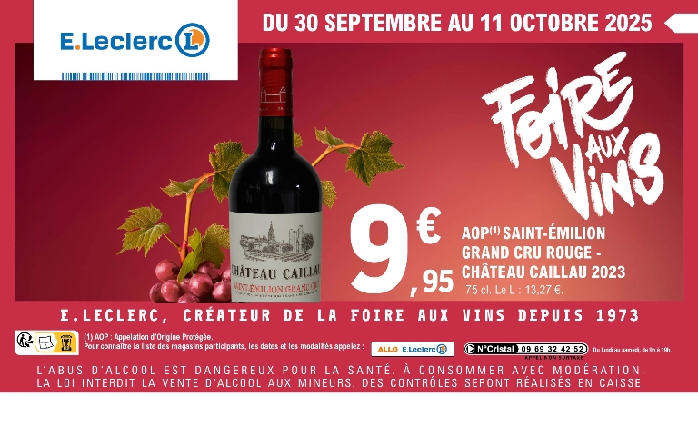 Foire aux vins dans votre Hypermarché E.Leclerc Figeac-Capdenac. Avec par exemple la bouteille de AOP St Emilion grand cru rouge Chateau Caillau 2023 à 9.95E les 75cl. L'abus d'alcool est dangereux pour la santé, à consommer avec modération.