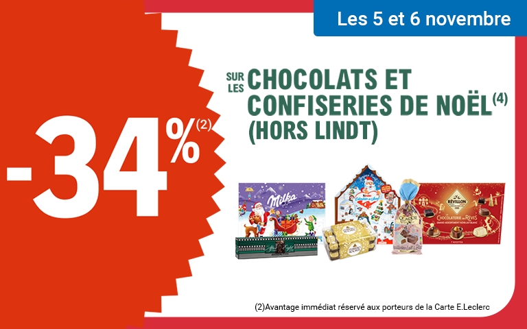 -34%  en reduction immédiate avec la carte sur les chocolats et confiseries de Noël hors Lindt les 5 et 6 Novembre