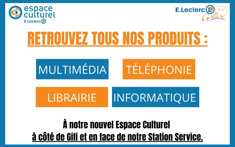 Retrouvez tous nos produits dans notre nouvel Espace Culturel à côté de Gifi et en face de notre station Service