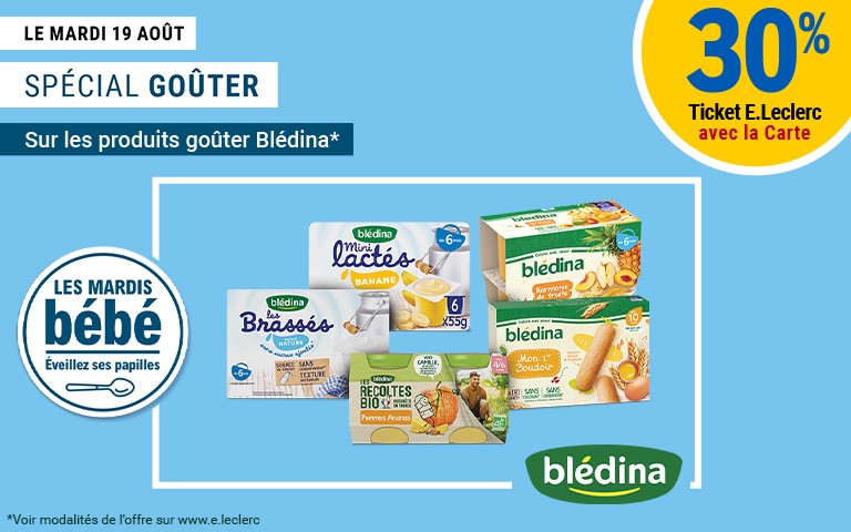 Un visuel représentant des produits de la marque BLEDINA à -30% en ticket E. Leclerc 