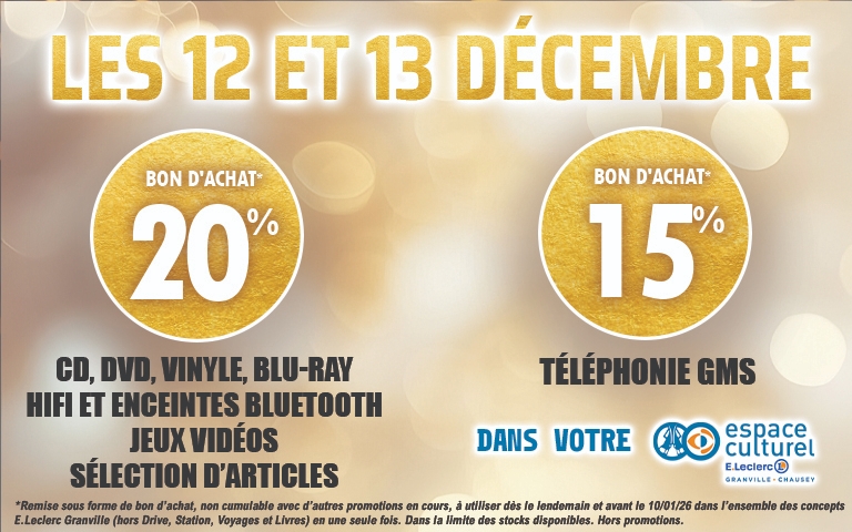 Les 12 et 13 décembre, profitez de 20% en bon d'achat sur les CD, DVD, vinyle et Blu-ray, hifi et enceintes Bluetooth, jeux vidéos et une sélection d'articles dans votre Espace Culturel E.Leclerc Granville.
