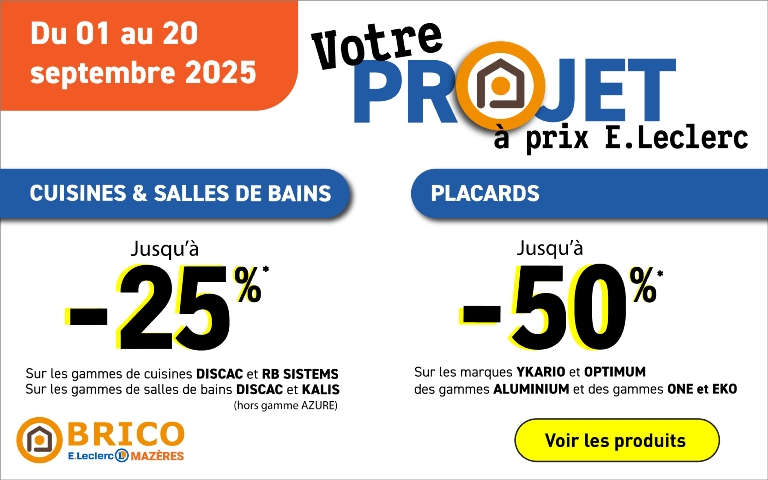 Du 1 au 20 septembre 2025, jusqu'à -25% sur les cuisines et salles de bains sur-mesure et jusqu'à -50% sur les placards au brico E.Leclerc de Mazères