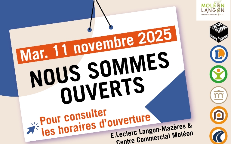 Nous sommes ouverts le mardi 11 novembre 2025. Cliquez pour consulter nos horaires d'ouverture.