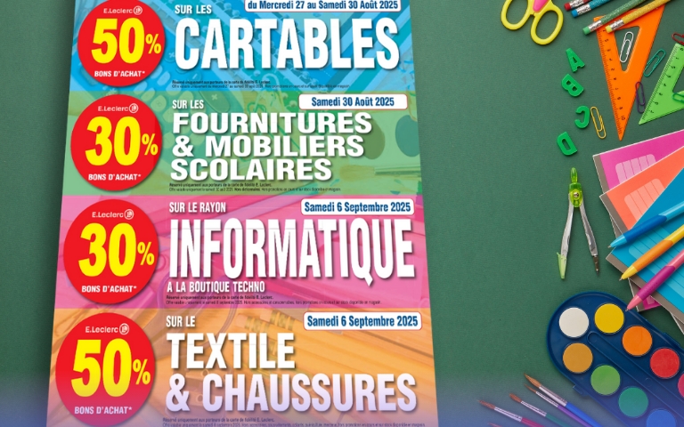 Jusqu'à -50% en bons d'chats sur les essentiels de la rentrée des classes chez E.Leclerc Vitry !