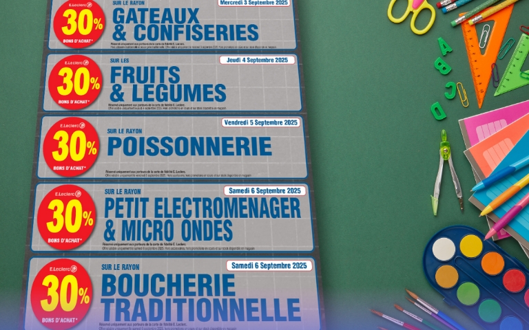 Jusqu'à -50% en bons d'chats sur les essentiels de la rentrée des classes chez E.Leclerc Vitry !