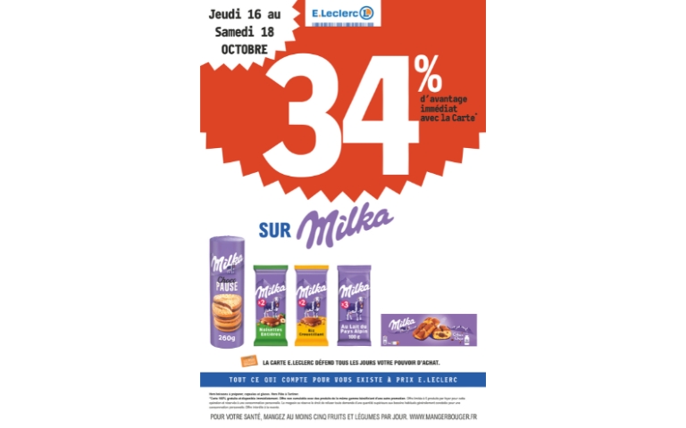 34% DE REMISE IMMEDIATE SUR MILKA DU 16 AU 18/10