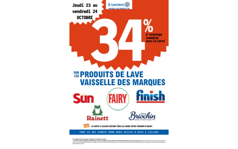 34% DE REMISE IMMEDIATE SUR UNE SELECTION DE MARQUE DE PRODUITS LAVE VAISSELLE DU 22 AU 24/10