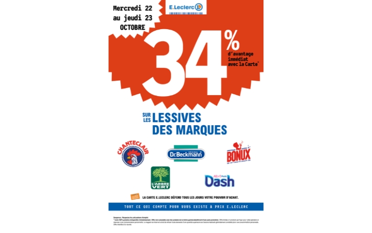 34% DE REMISE IMMEDIATE SUR UNE SELECTION DES MARQUES DE LESSIVES DU 22 AU 2310